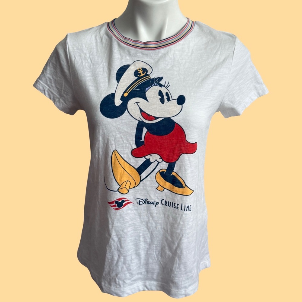 Disney Cruise Line Minnie Mouse Captain Sailor Graphic Tee White Striped Neck S